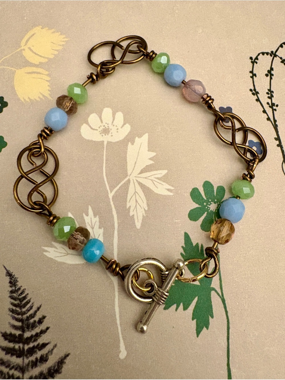 NWOT Handcrafted Brass Wire Wrapped Link Crystal Bead Bracelet Size S